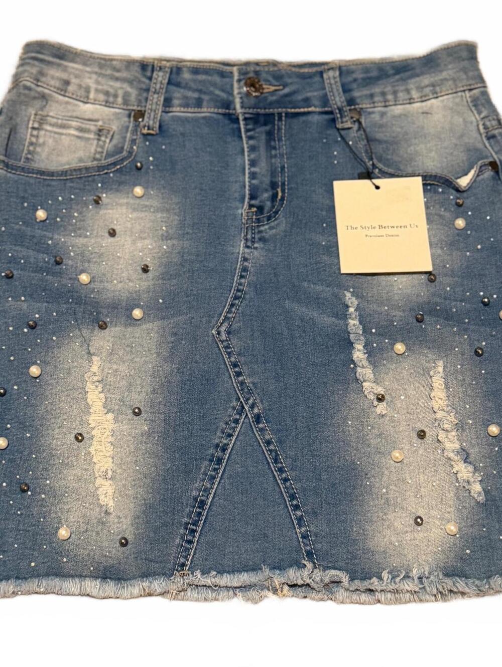 The Style Between Us Large Blue Pearl Rhinestone Distressed Denim Skirt